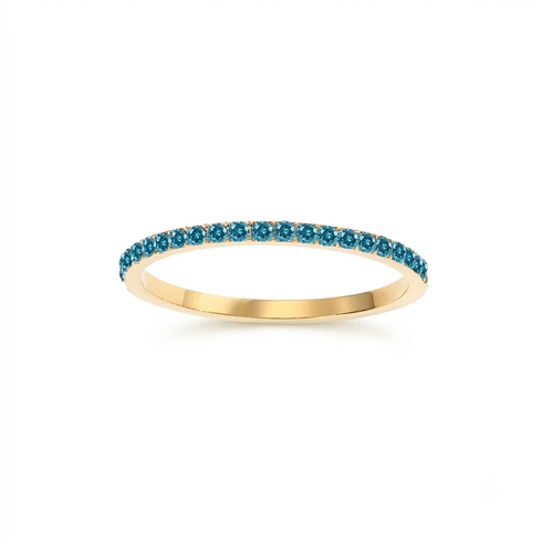 A thin yellow gold eternity ring brand featuring a continuous row of small round-cut blue gemstones, 14K gold-plated, 316L stainless steel