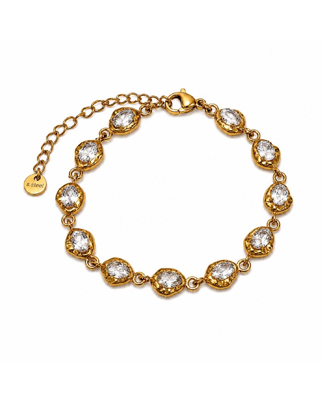 A gold chain bracelet featuring ten oval bezel-set zircon stones, displayed on a clean white background. 18K gold-plated stainless steel Zircon stones