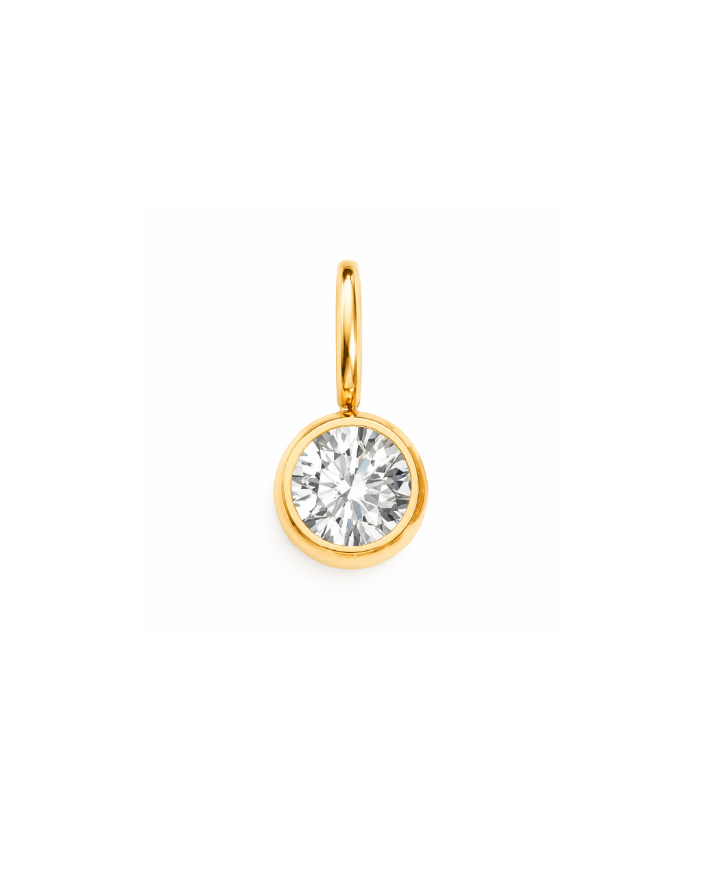 A round bezel-set diamond pendant in a yellow gold frame, suspended from a matching gold bail, shown on a plain white background. April birthstone