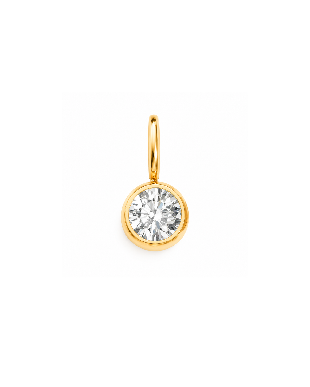 A round bezel-set diamond pendant in a yellow gold frame, suspended from a matching gold bail, shown on a plain white background. April birthstone