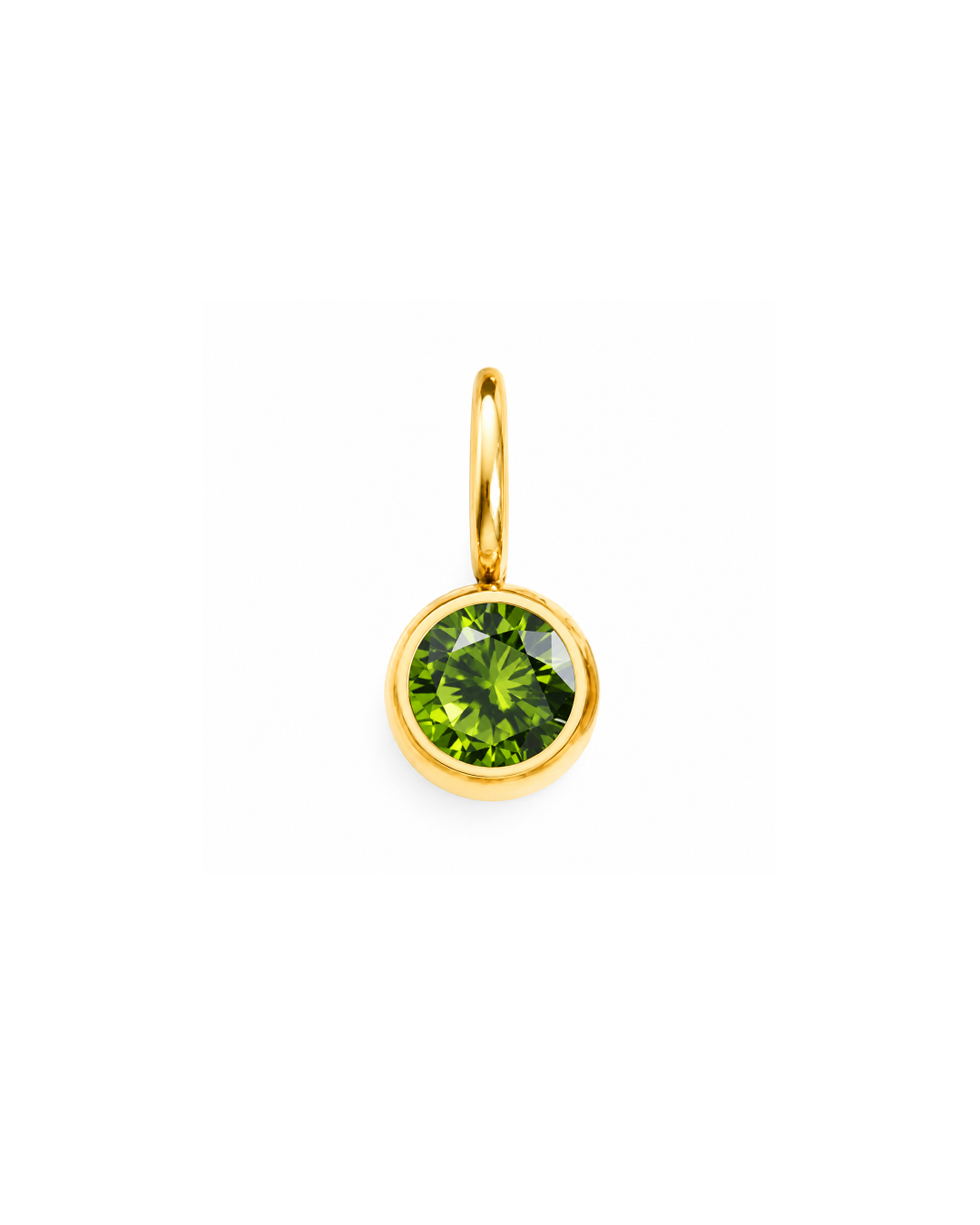 A round-cut green gemstone pendant in a polished yellow gold bezel setting with a gold bail, shown on a solid white background. August Birthstone