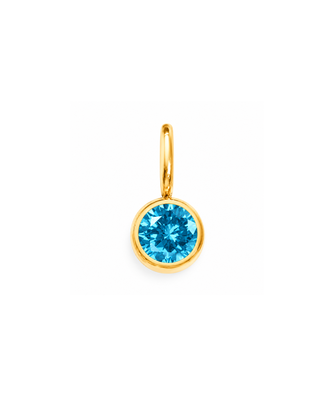 A round-cut light blue gemstone pendant in a gold bezel setting with a gold bail, shown on a plain white background. December Birthstone