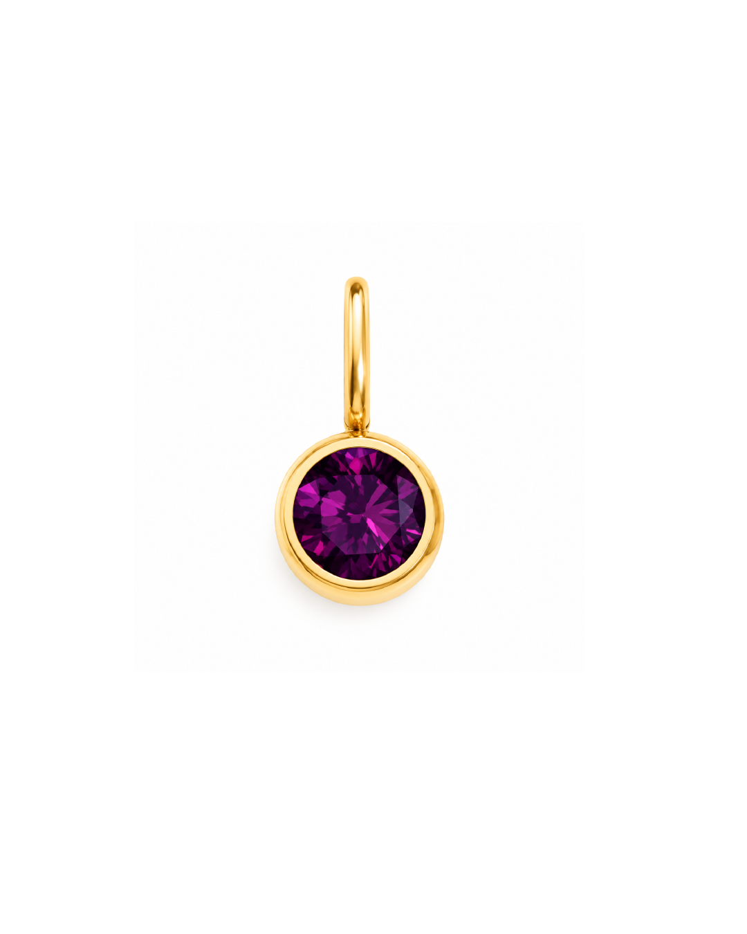 A gold pendant charm featuring a bezel-set round faceted purple gemstone, shown against a plain white background. February birthstone