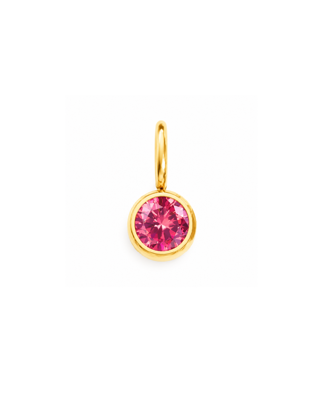 A gold pendant charm featuring a round, bezel-set pink gemstone on a clean white background. July birthstone