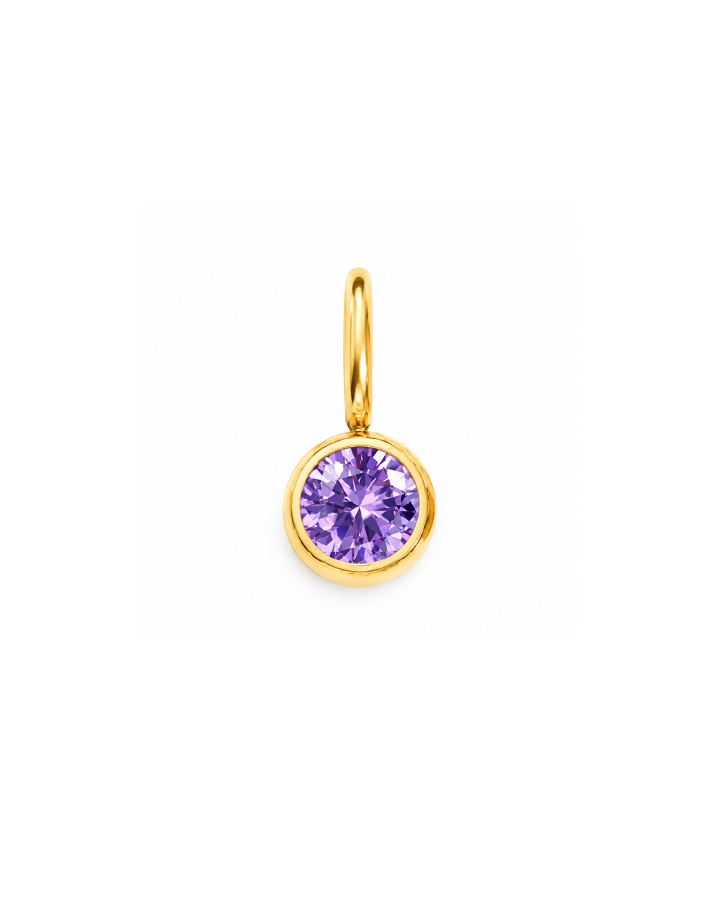 A gold pendant charm featuring a bezel-set round purple gemstone, shown against a plain white  background. June Birthstone