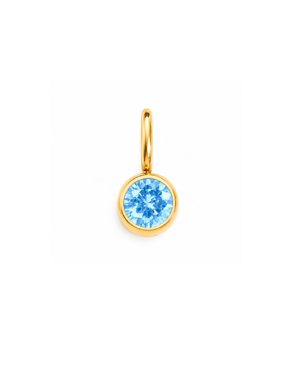 A gold charm featuring a round bezel-set light blue gemstone, shown against a plain white background. March birthstone
