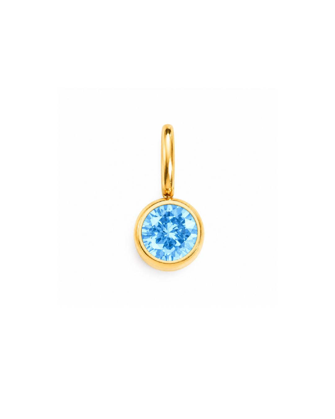 A gold charm featuring a round bezel-set light blue gemstone, shown against a plain white background. March birthstone