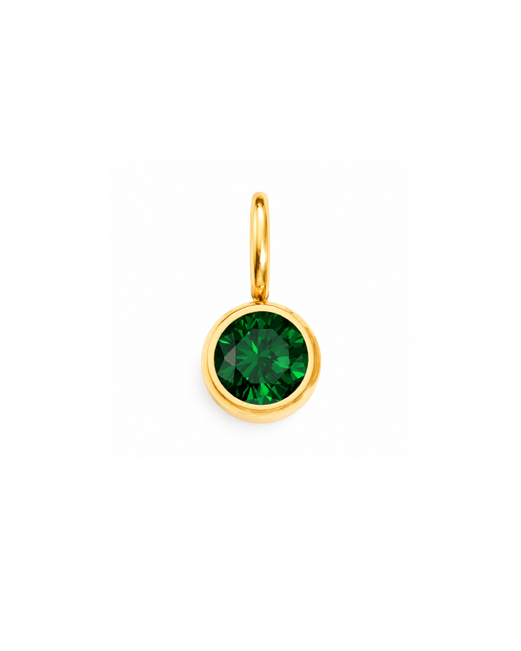 A round-cut green gemstone pendant in a gold bezel setting with a gold bail, centered on a plain white background. May Birthstone