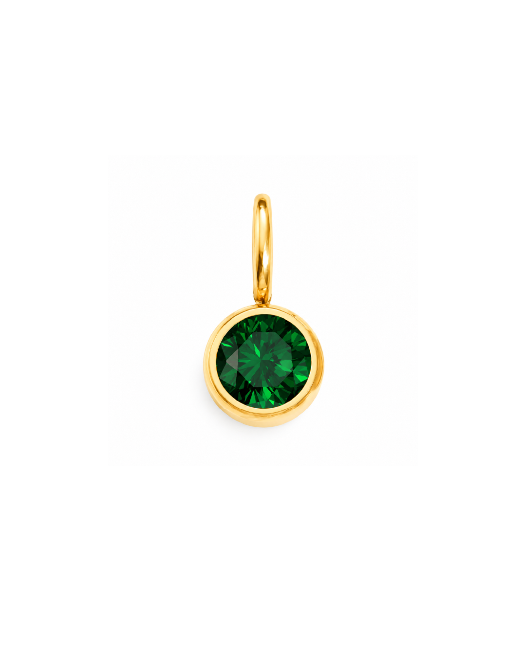 A round-cut green gemstone pendant in a gold bezel setting with a gold bail, centered on a plain white background. May Birthstone