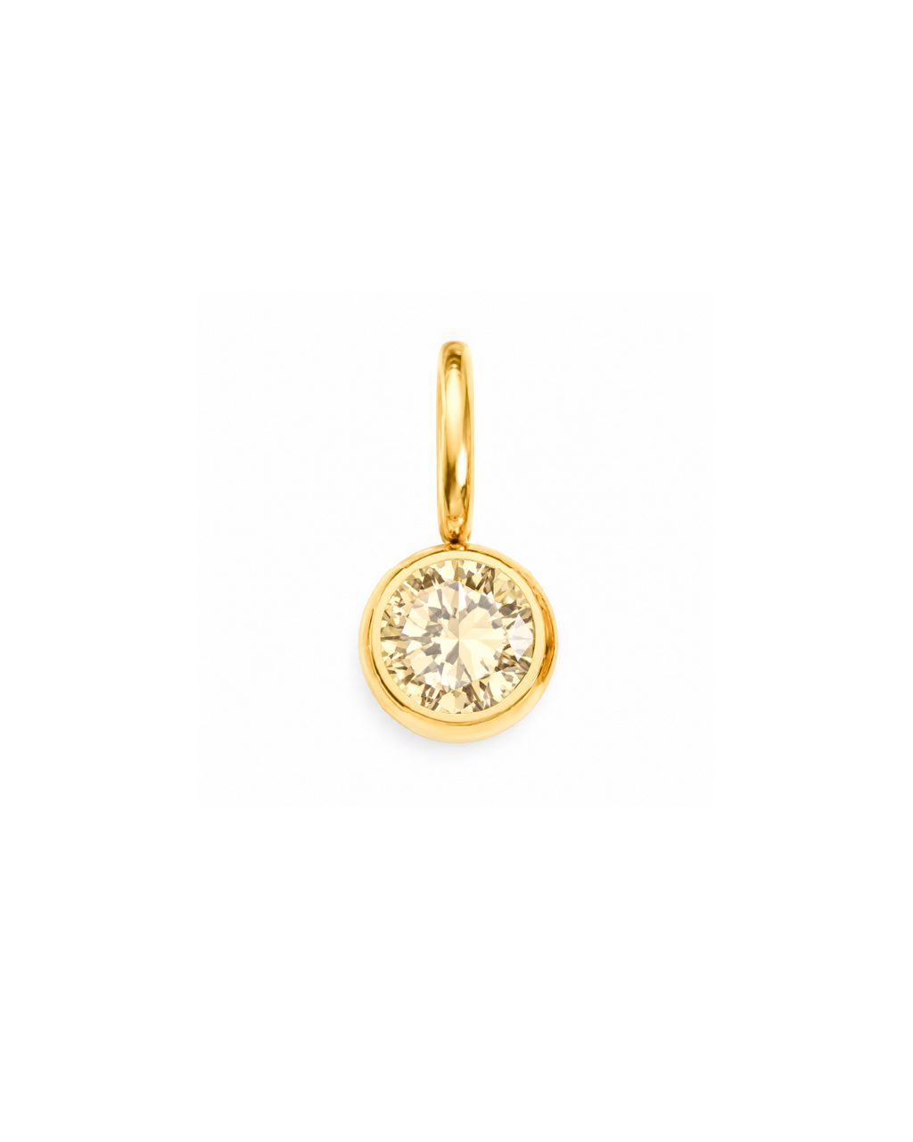 A gold pendant charm featuring a round bezel-set clear gemstone on a white background. November Birthstone