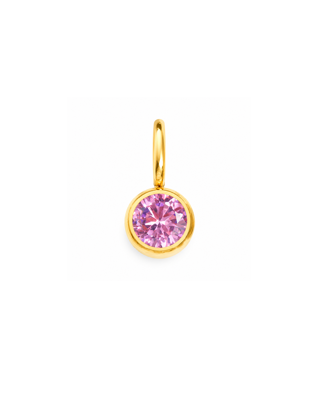 A round pink gemstone charm in a gold bezel setting with a gold jump ring, shown on a plain white background. October Birthstone