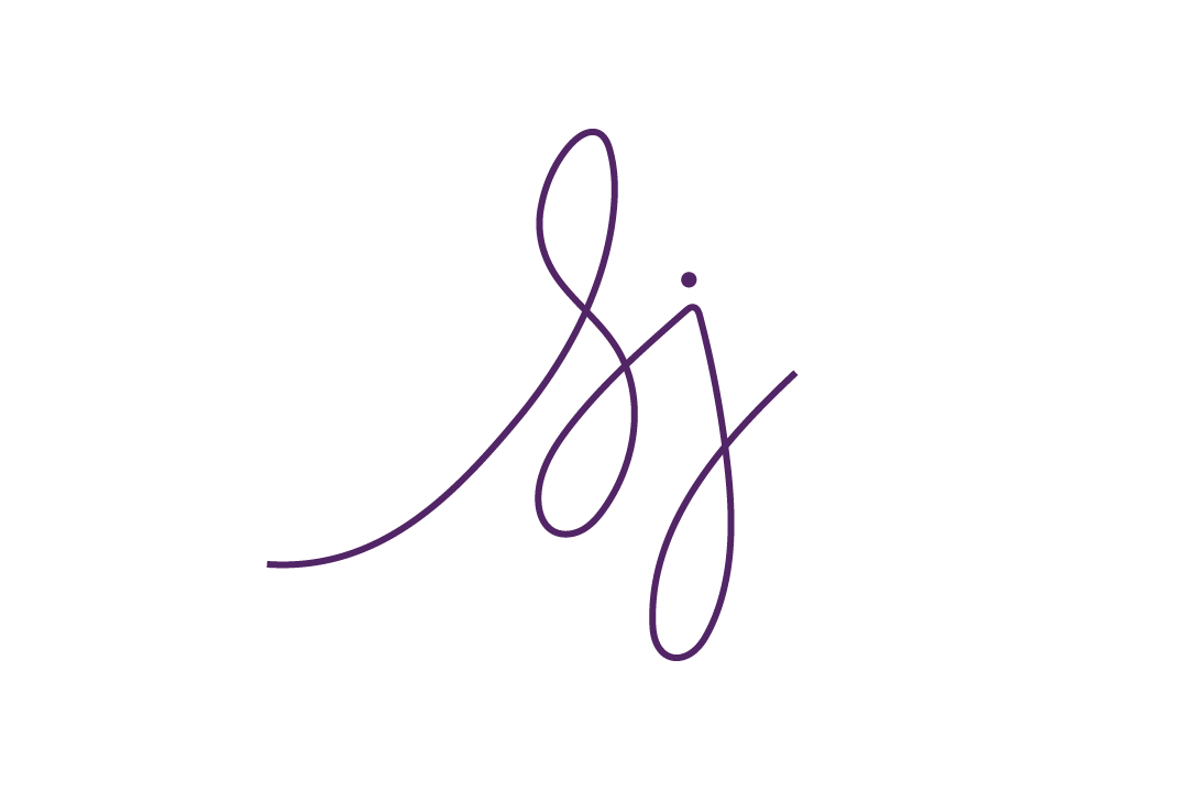 A minimalist purple cursive signature or logo mark on a solid white background.
