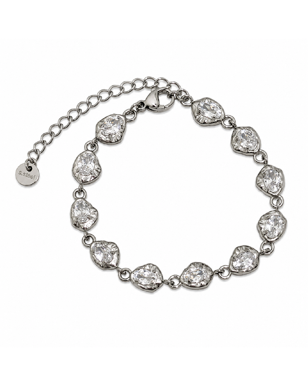 A silver-toned bracelet featuring a series of irregular, teardrop-shaped zircon stones set in silver-toned stainless steel metal, complete with an adjustable link chain and a small hanging brand tag.