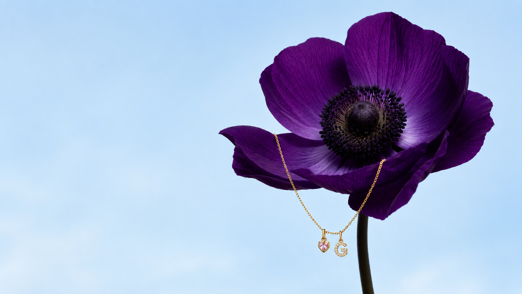 Gold necklace with a heart pendant on a purple flower against a blue background